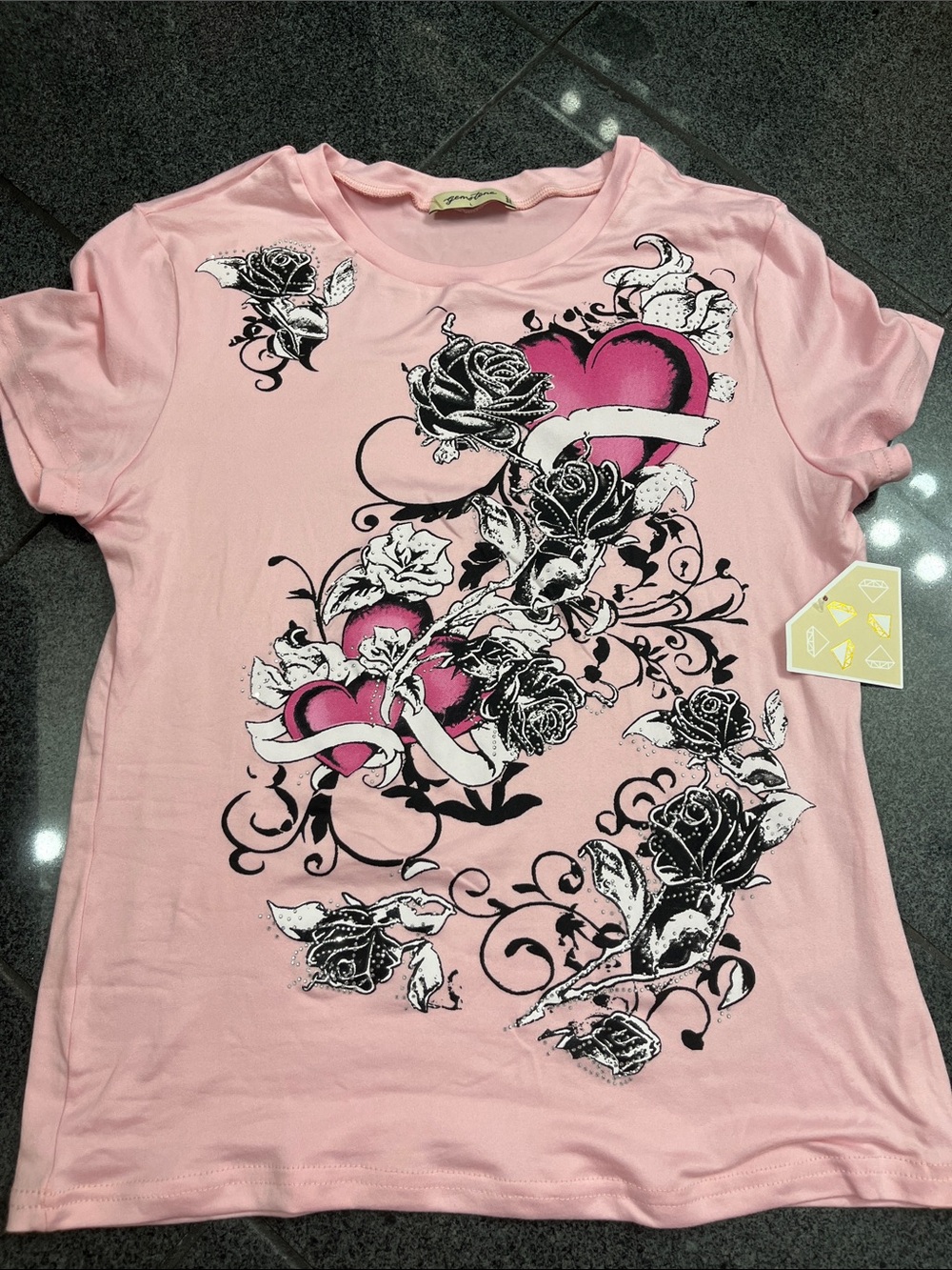Pink Graphic Heart & Rose Short Sleeve Tee